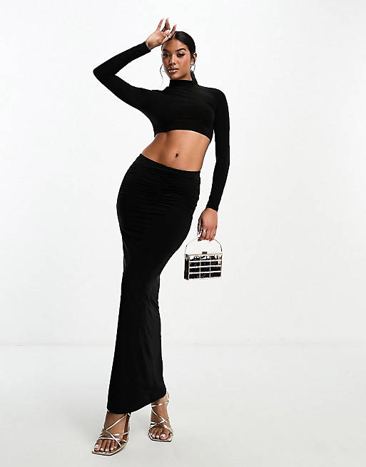 Missyempire slinky crop top and ruched maxi skirt co-ord in black | ASOS
