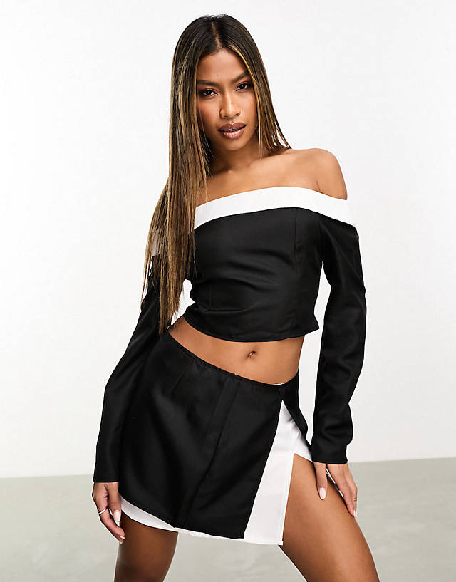Missyempire - tailored long sleeve fold over top and double layer skirt co-ord in