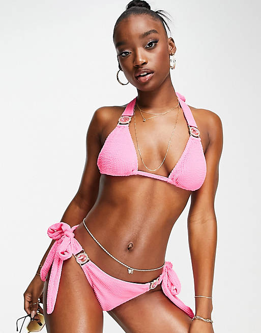 Moda Minx scrunch crystal triangle bikini top and bottom in candy pink