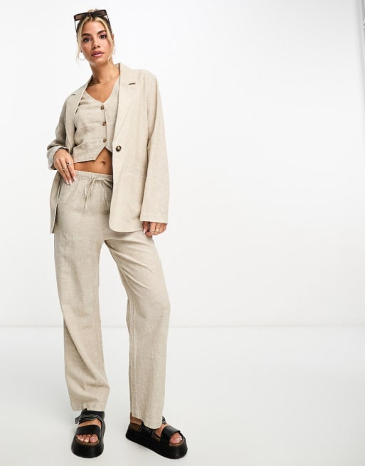 Monki 3 piece co-ord linen blazer, waistcoat and trouser