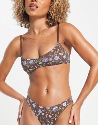 Monki cotton bralet in all over floral print in brown