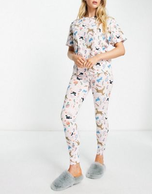Monki Christmas pyjama top and bottoms in pink all over print