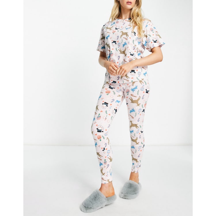 Monki Christmas pyjama top and bottoms in pink all over print ASOS