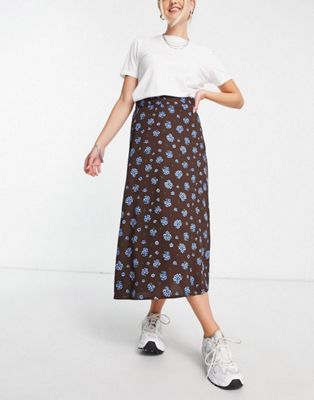 Monki co-ord shirt and midi skirt in brown floral