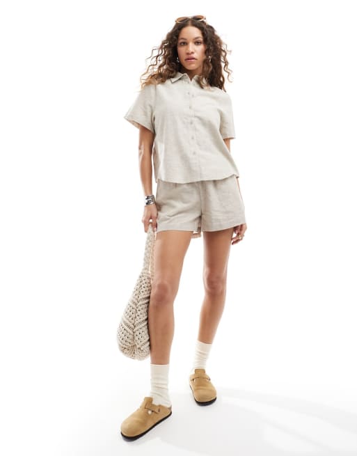 Monki drawstring waist linen shirt and shorts set in beige