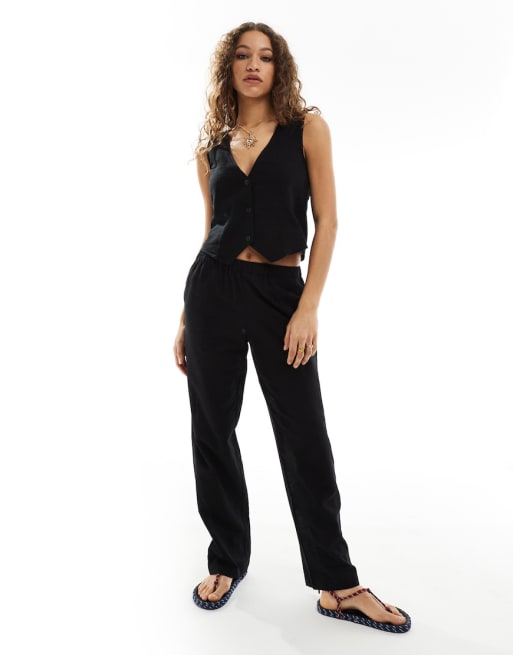 Monki - Ensemble pantalon et gilet de tailleur en lin - Noir