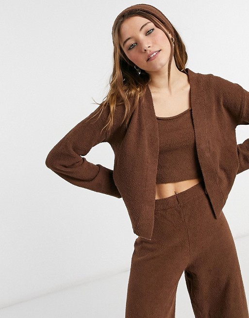 Monki Say fluffy knitted crop vest in brown 4 piece co-ord