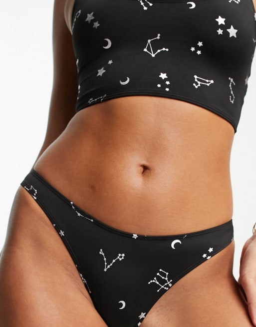 Monki scoop neck bikini top and bottoms in celestial print in black