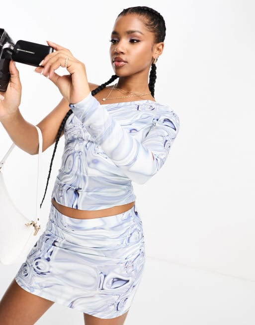 Monki stretch one-shoulder long sleeve top and mini skirt set