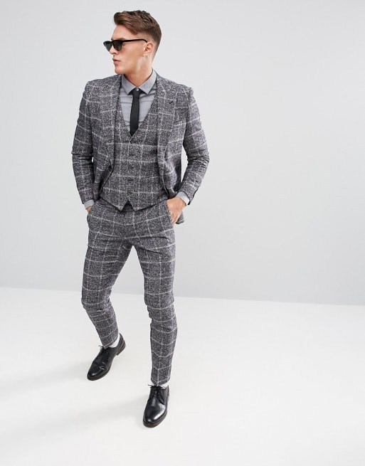 Moss London - Skinny kostuum in gemêleerd grijs met ruiten 