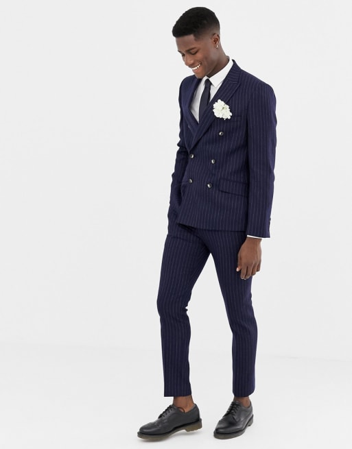 Moss London skinny suit navy crepe double breasted