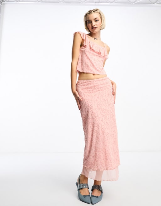Motel floral flocked ruffle cami top and midaxi skirt set in pink