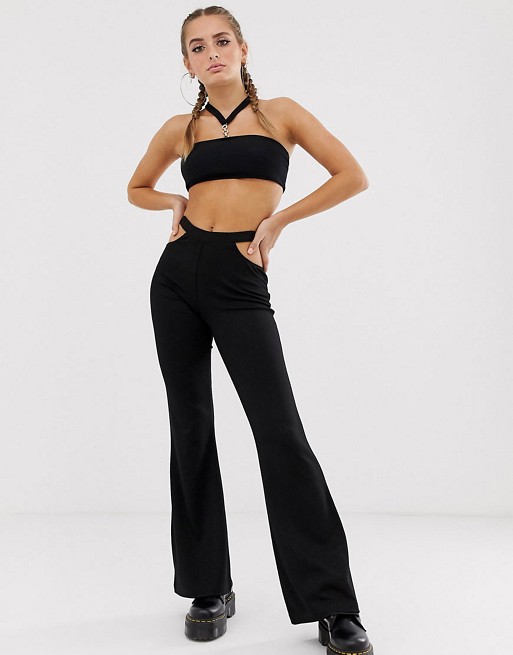 Motel halterneck crop top & flared trousers with chain detail co-ord