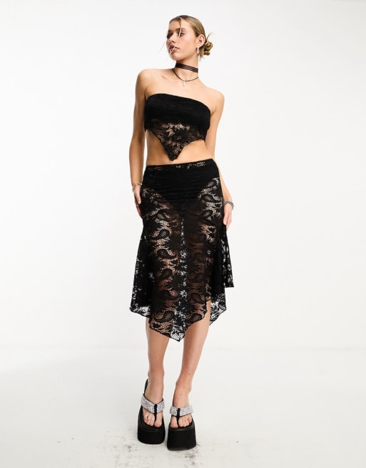 Motel handkerchief lace crop top and midi skirt set in black