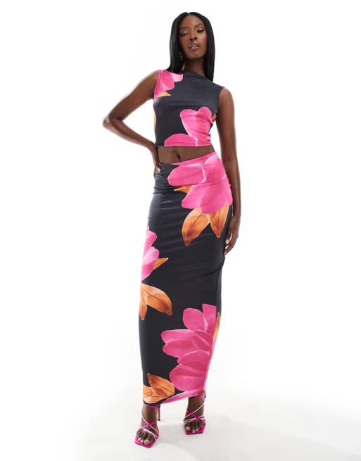 Murci - Co-ord set van mouwloze crop top met schuine hals en maxi rok in roze pioenroos