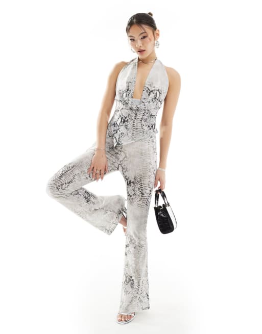 Murci sheer mesh halterneck top and flared pants set in gray snake