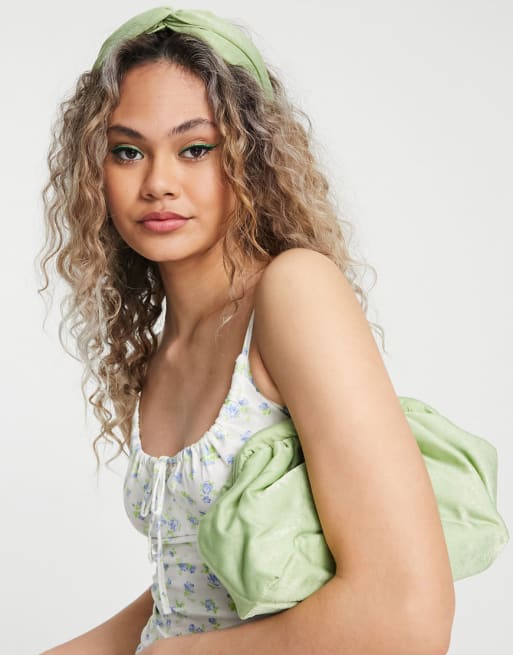My Accessories London satin clutch bag and headband co-ord in washed sage