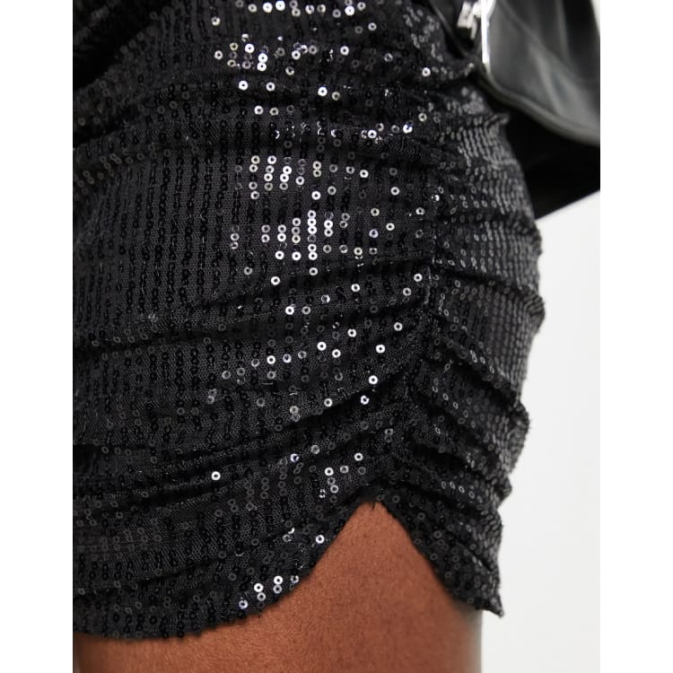 Black sequin 2025 ruched mini skirt