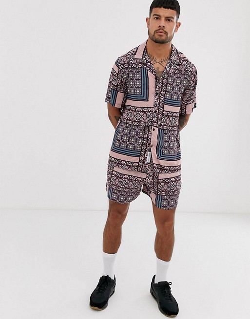 Native Youth CO-ORD short with patchwork geo print in purple