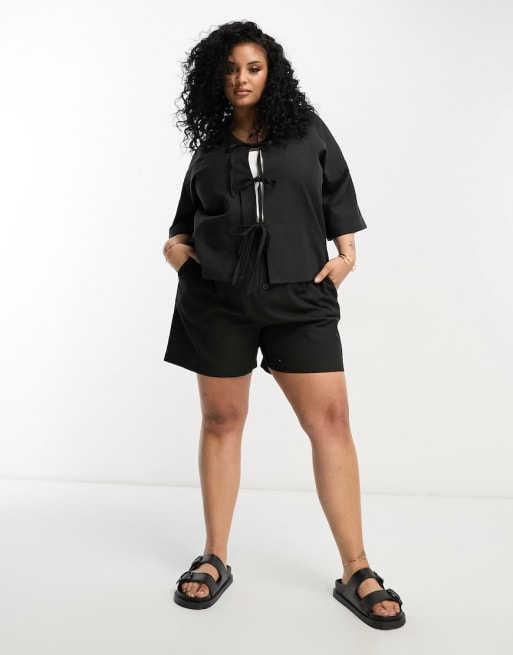 Native Youth Plus - Ensemble avec chemise style bowling en lin avec liens et short - Noir