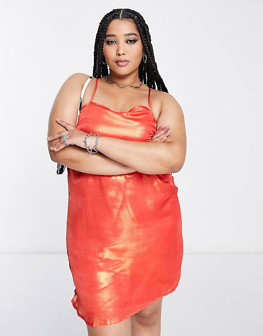 Native Youth Plus – Pomarańczowy opalizujący zestaw: koszula oversize i sukienka mini na ramiączkach