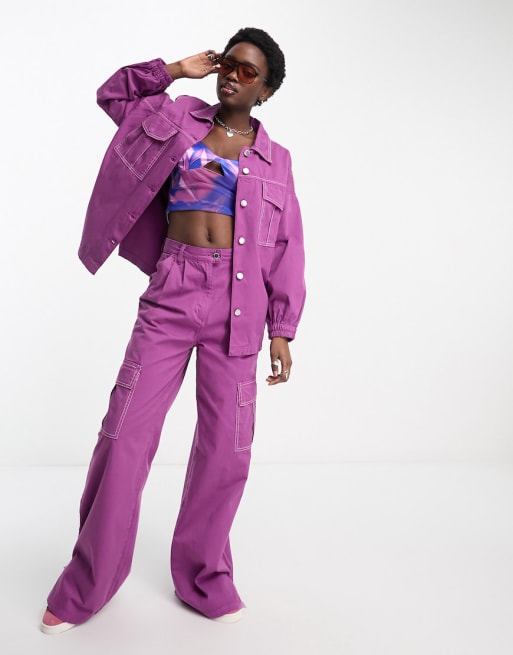 Native Youth – Set mit Oversize-Hemdjacke und Cargohose aus lila Twill