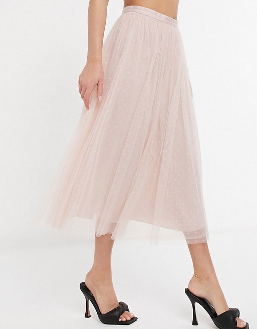 Needle & Thread embroidered crop top and midi tulle skirt co-ord in blush floral