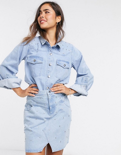 Neon Rose western shirt with embellishment in denim co-ord