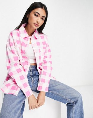 Neon Rose oversized shirt and trousers co-ord in pink check