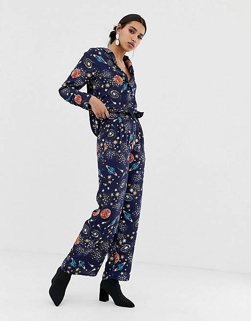 Neon Rose relaxed shirt & wide leg pants in celestial print two-piece