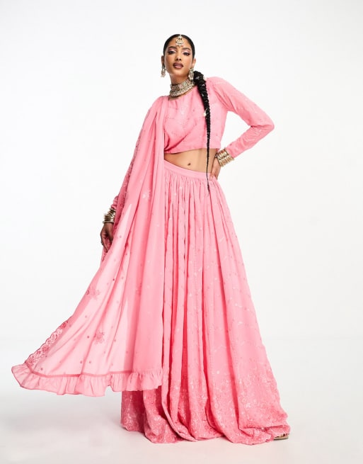 Nesavaali - Ensemble crop top lehenga à manches longues et broderies, jupe longue et dupatta