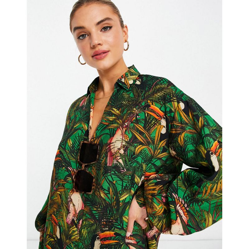 Donna Gonne Never Fully Dressed - Coordinato con camicia con maniche a palloncino e minigonna avvolgente con stampa tropicale 