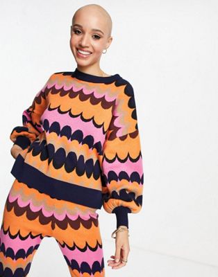 Never Fully Dressed knitted balloon sleeve jumper co-ord in retro wave print