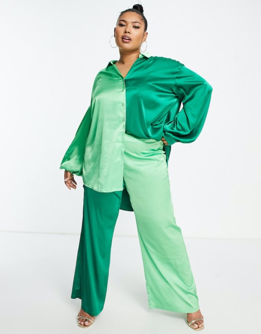 Never Fully Dressed Plus - Camicia e pantaloni verdi color block a contrasto in coordinato