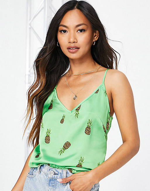Never Fully Dressed satin cami top co-ord in green leopard pineapple print
