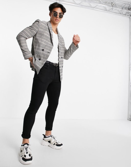 New Look - Abito con giacca slim doppiopetto e pantaloni corti, colore grigio a quadri