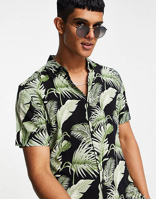 New Look co-ord tropical print shirt and shorts in black