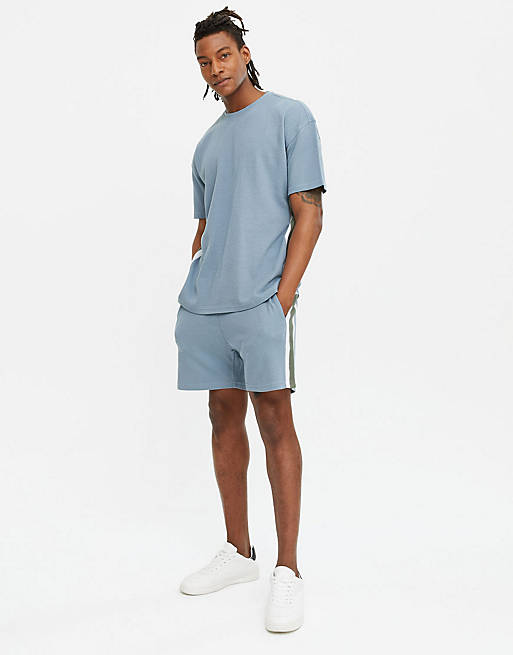 New Look co-ord waffle t-shirt and shorts in blue