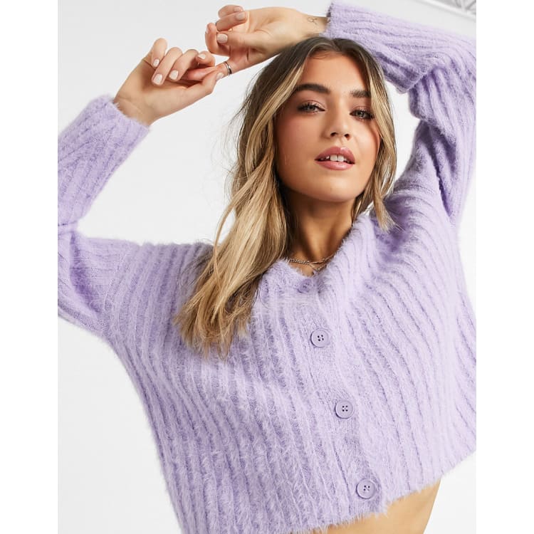 New Look fluffy knitted ribbed cardigan & vest co-ord in lilac