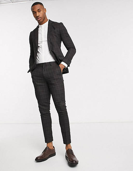 New Look ginger highlight check suit in dark brown | ASOS