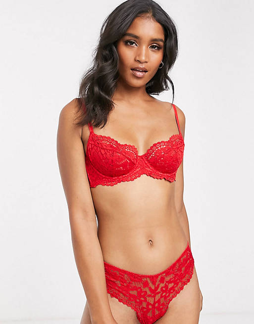 New Look pansy lace bra & briefs set in red
