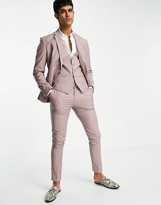 New Look skinny suit jacket, waistcoat and trousers in pale pink