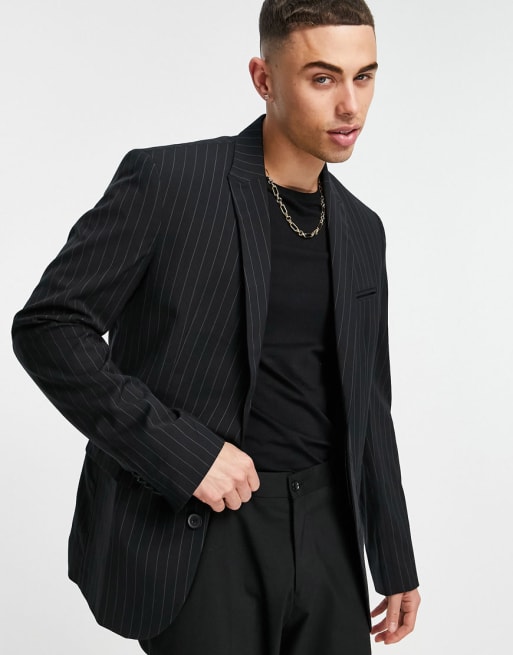 Black pinstripe suit jacket best sale