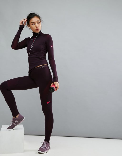 Nike Hyperwarm Top & Tights Co-Ord In Burgundy