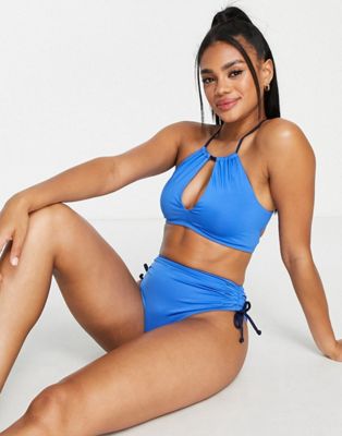 Nike Swimming high neck bikini top in blue with matching bottoms