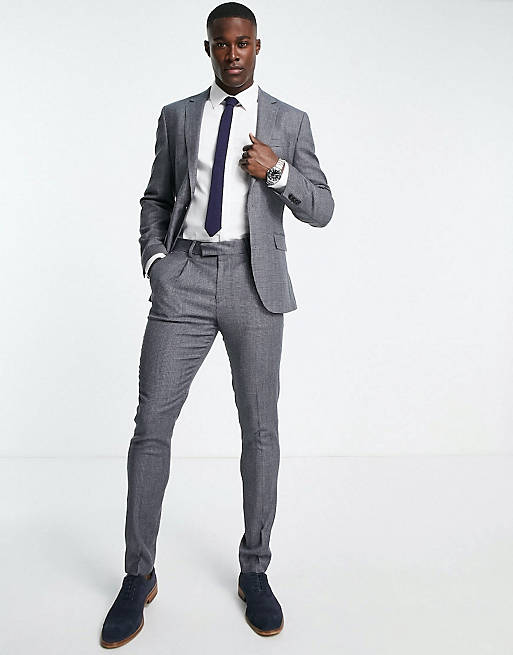 Noak skinny suit in gray puppytooth check virgin wool blend with two ...