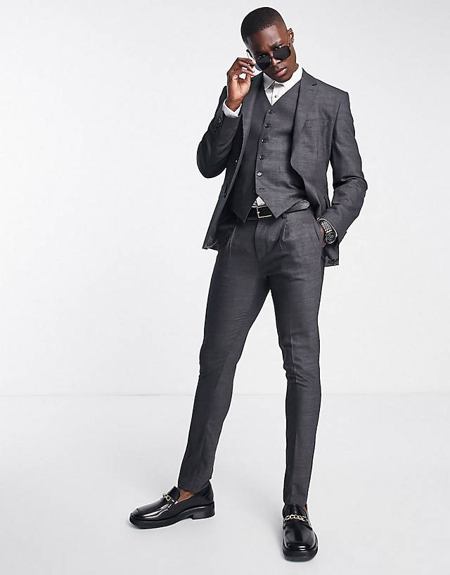 Noak - skinny suit in grey birdseye textured wool blend with two-way stretch