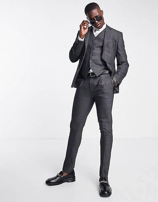 Noak skinny suit in grey birdseye textured wool blend with two-way stretch