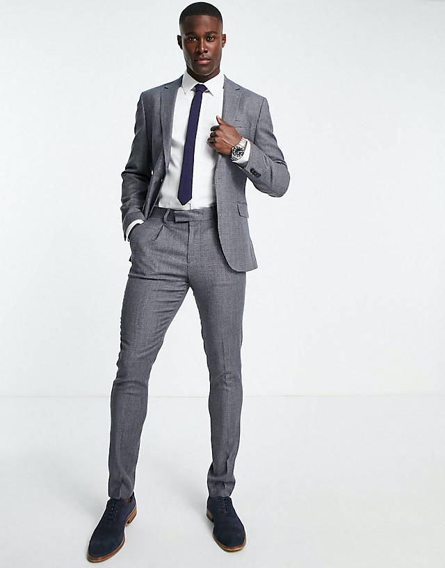 Noak - skinny suit in grey puppytooth check virgin wool blend with two way stretch