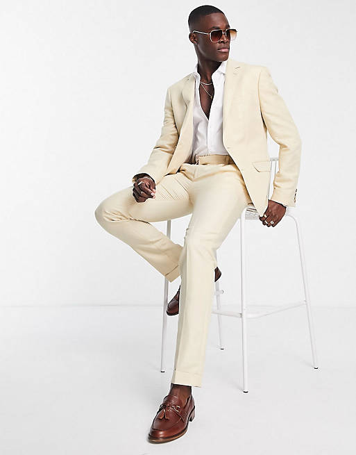Noak slim suit in stone linen cotton blend with anti-wrinkle finish